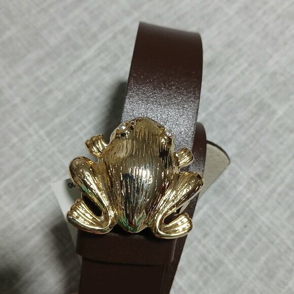 Another Line Dark Brown Leather Belt with Gold Frog Buckle with Rhinestone Eyes. - Picture 2 of 9